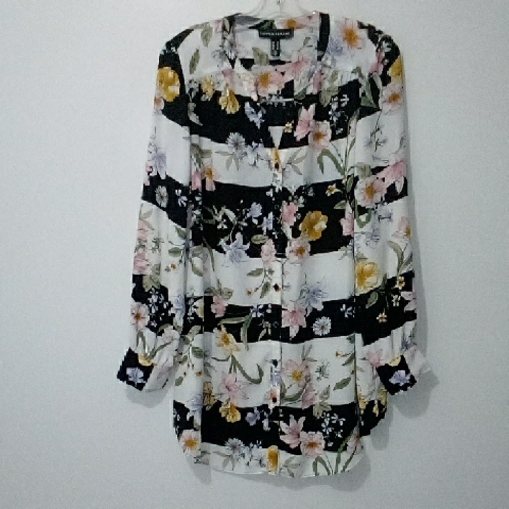Love & Legend Black and White Striped Floral Button Down tunic top Shirt Dress